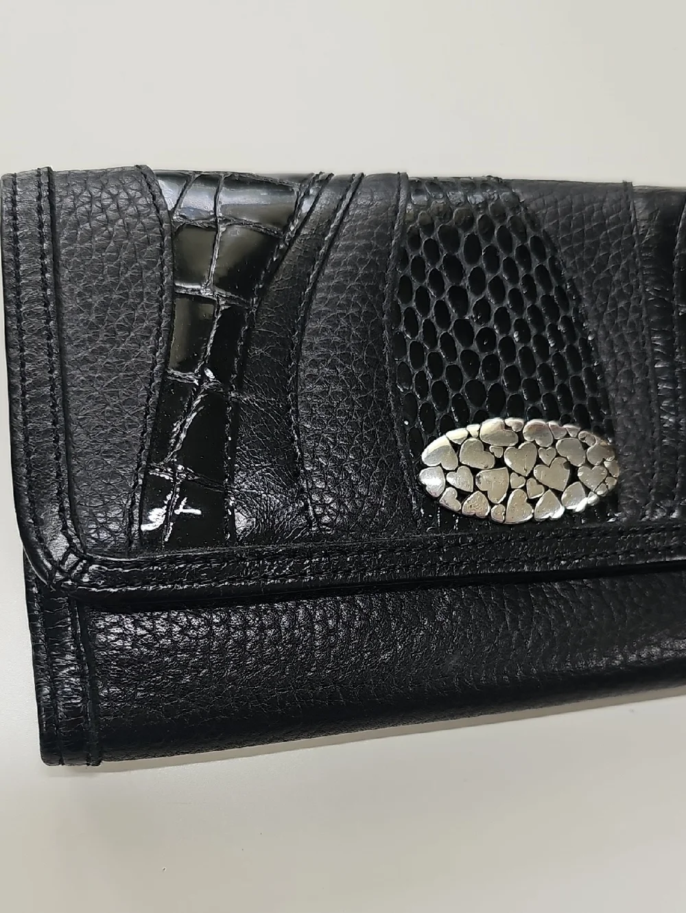Brighton Leather Trifold Checkbook Wallet, Textured Black Silver Hearts